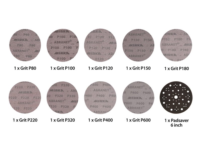 Mirka Abranet Net Discs + Pad Saver / 6 inch/Mix-Pack / 1 of Each Grit 80, 100, 120, 150, 180, 220, 320, 400, 600 + Pad Saver/Mesh Sandpaper Sanding Disc Hook and Loop / 10 pcs / 9A-241-APRP - Image 2
